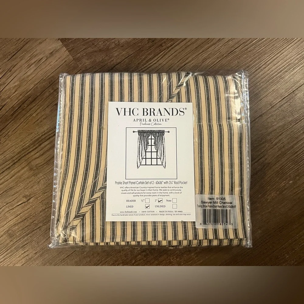 VHC Brands Sawyer Mill Charcoal Ticking Stripe Short Panel Set 63x36 inches